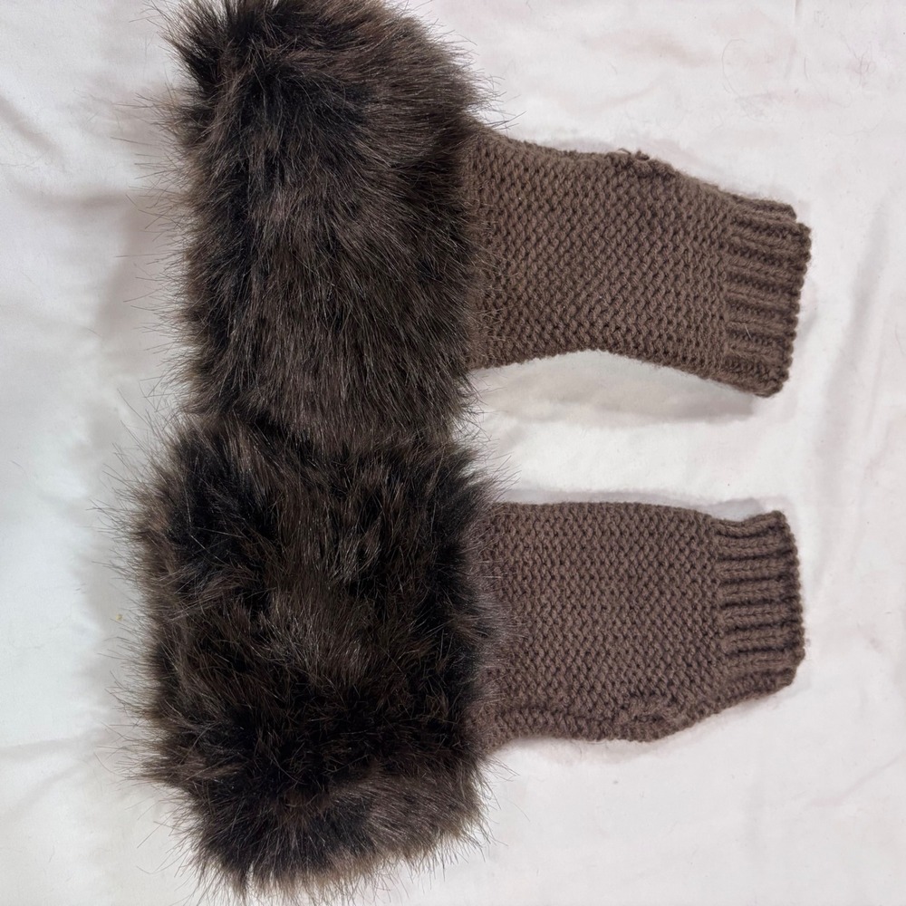Glove Faux Fur Fingerless Gloves Knit Brown Faux Fur Trim Cozy Winter Women NWOT - Picture 4 of 6